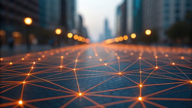 Blurred abstract network of glowing orange and blue lines representing digital connectivity
