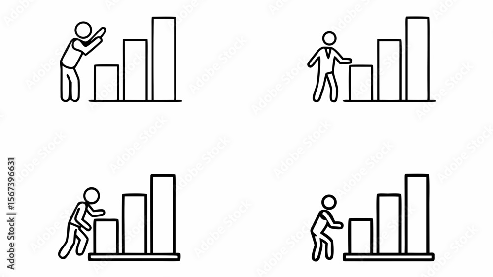 Poster four stick figures interacting with bar graphs showing growth and progress isolated on white backgro