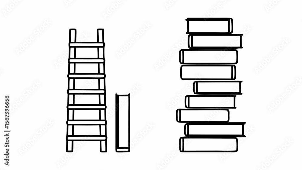 Poster simple line drawing of a ladder and stack of books isolated on white background