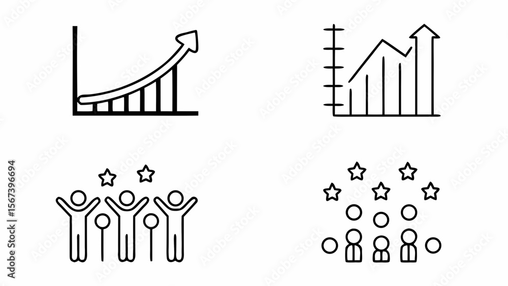 Poster set of four simple line art icons representing growth success and teamwork isolated on white backgro