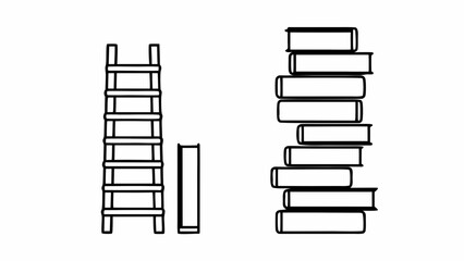 Simple line drawing of a ladder and stack of books isolated on white background
