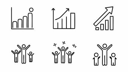 Collection of hand drawn growth charts and celebratory people icons isolated on white background