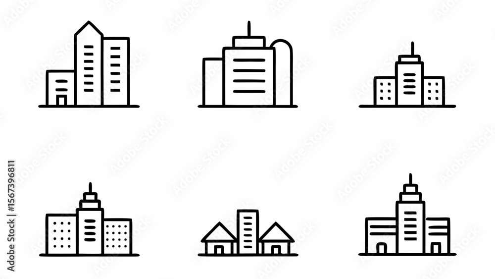 Poster collection of simple line art building icons isolated on white background