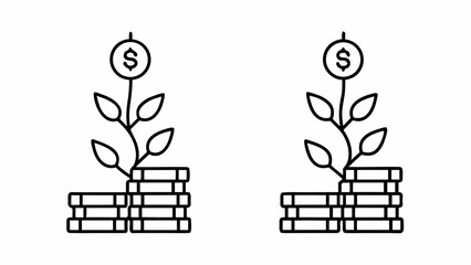 Two simple line art icons of money growing on plants isolated on white background