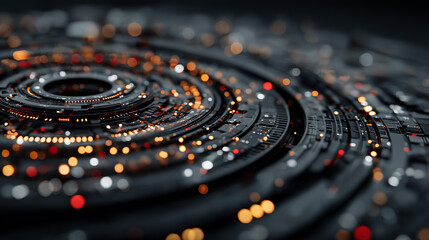 Intricate circular technological device with glowing orange and red lights isolated on a transparent background
