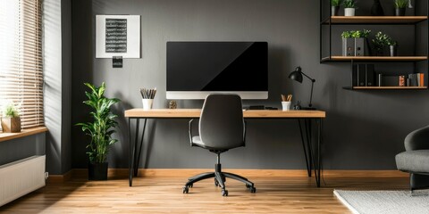 A modern home office setup with a large screen, ergonomic chair, and minimalistic workspace