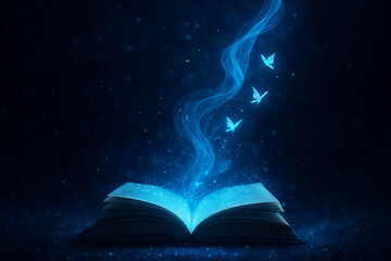 Naklejka premium AI generated glowing fantasy book with blue light and butterflies rising from pages surrounded by sparkles in a dark magical atmosphere