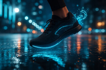 AI generated image of a glowing black sneaker midair over a wet reflective street in futuristic city at night surrounded by cyber blue holographic elements symbolizing speed motion and digital energy