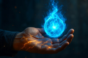 AI generated fantasy image of a glowing blue flame floating above a human hand with orange lightning veins representing energy control mystic force and supernatural awakening in a dark magical setting