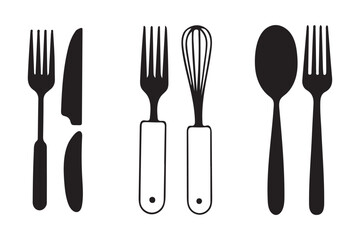 cutlery icon set appears in black silhouette vector illustration on white background