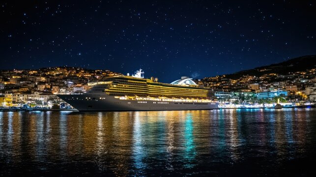 Illuminated cruise ship at night, docked in a harbor city, with starry sky reflecting on the water
