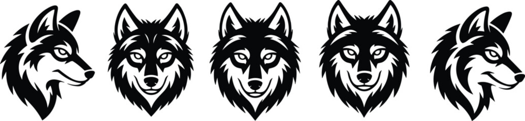 Collection of black wolf head vector illustrations, tribal wild animal logo designs, front and side view predator mascot for branding artwork flat vector illustration