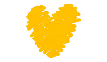 A yellow heart drawn in ink sits on a transparent background.