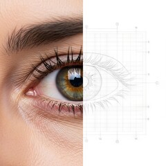 Conceptual split view of a realistic human eye and a 2D vector grid, symbolizing vision and structured planning