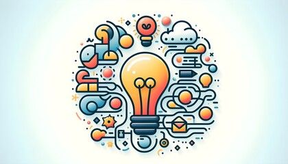 Creative flat symbol of design process drawn with smooth minimal shapes and imaginative visual fusion over neutral background