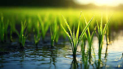 Obraz premium Young rice shoots growing in water, closeup, early morning sunlight, peaceful field