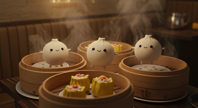 Cute dumplings character floating above steaming dim sum baskets at restaurant
