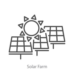Solar farm icon for renewable energy systems. Vector line art with sun and power panels, or cells, for green electricity.