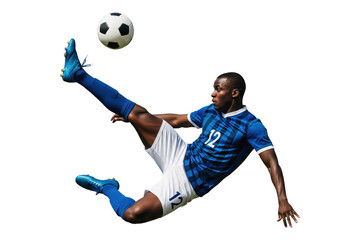 Male soccer player mid-air kicking football in blue and white uniform, isolated on transparent background