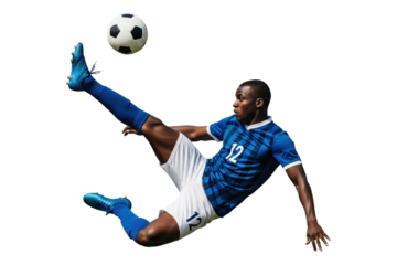 Male soccer player mid-air kicking football in blue and white uniform, isolated on transparent background