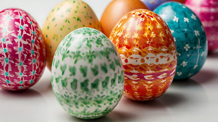 Colorful Easter eggs arranged in a line on a soft white background for a festive and vibrant seasonal celebration image.
