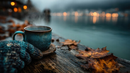 Steaming cup of coffee on wooden table by lake, surrounded by autumn leaves and gloved hand, creates cozy atmosphere