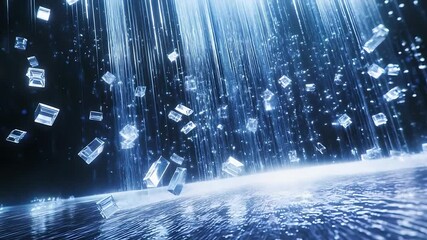 Glimmering ice cubes cascading through a waterfall of sparkling water, creating a refreshing atmosphere - Powered by Adobe