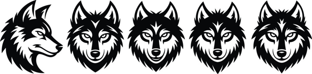Set of wolf head illustrations, tribal style animal face vector, wild predator emblem design, stylized mascot logo collection for branding flat vector illustration