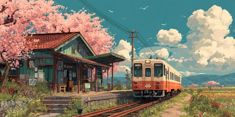 Rural Train Station Spring Arrival Scenic Pixel Art