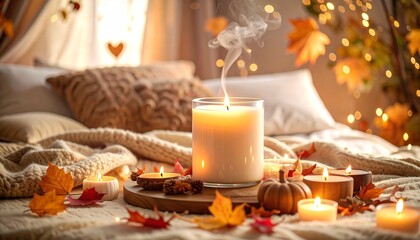 Lit candle and autumn leaves on bed &ndash; warm and cozy fall ambiance for relaxing indoors.