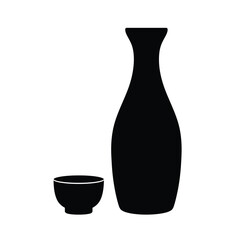 Black silhouette of sake bottle and cup icon drink
