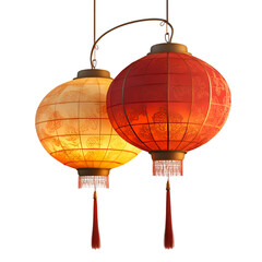 Obraz premium Exquisite red and gold Chinese lanterns gracefully illuminate against a sleek black backdrop, evoking festive celebrations and oriental charm, transparent background