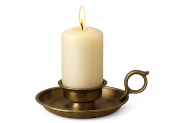 Burning white candle on vintage brass candlestick, illuminating soft glow against transparent backdrop, casting ambient warmth