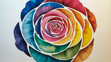 A watercolor painting of a spiral rose in vibrant colors.