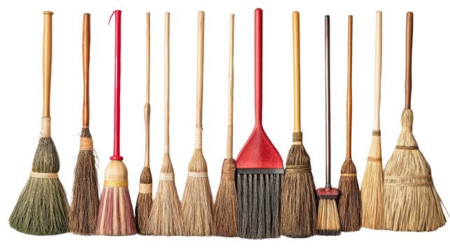 Collection of various broom types arranged side by side Transparent background, PNG