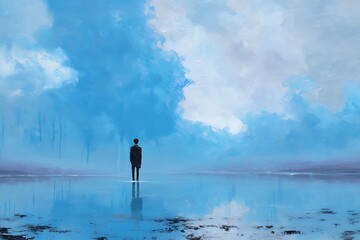 Solitary Figure Contemplating a Vast, Blue, Painterly Landscape