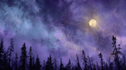Fototapeta premium Night Sky, Forest, Moon, Shooting Stars, Magical, Fantasy, Wallpaper