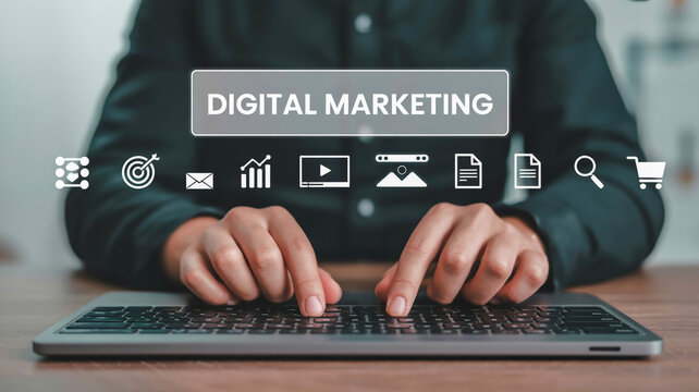 A professional image shows hands typing on a black laptop with digital marketing icons and DIGITAL MARKETING text on a blurred background