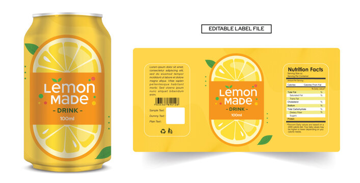 Lemon juice label design, lemon soft drink can label design. Soda can vector Energy drink label packaging design. Fruit juice bottle label template product packaging design