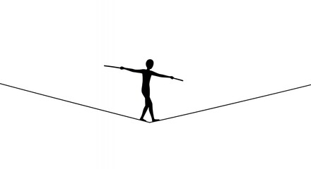 Person Balancing on Tightrope Silhouette Against White Background Demonstrating Balance