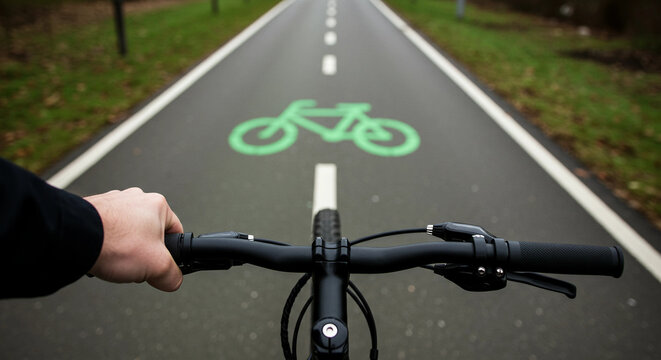 Hand on handlebars riding bicycle on dedicated bike path with green symbol - Powered by Adobe