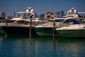 Yacht sailing on sea waters. Luxury superyacht at sea. Miami Beach with yachts. Seascape with a...