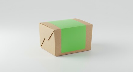 Fototapeta premium Brown cardboard box with green label on white surface in studio