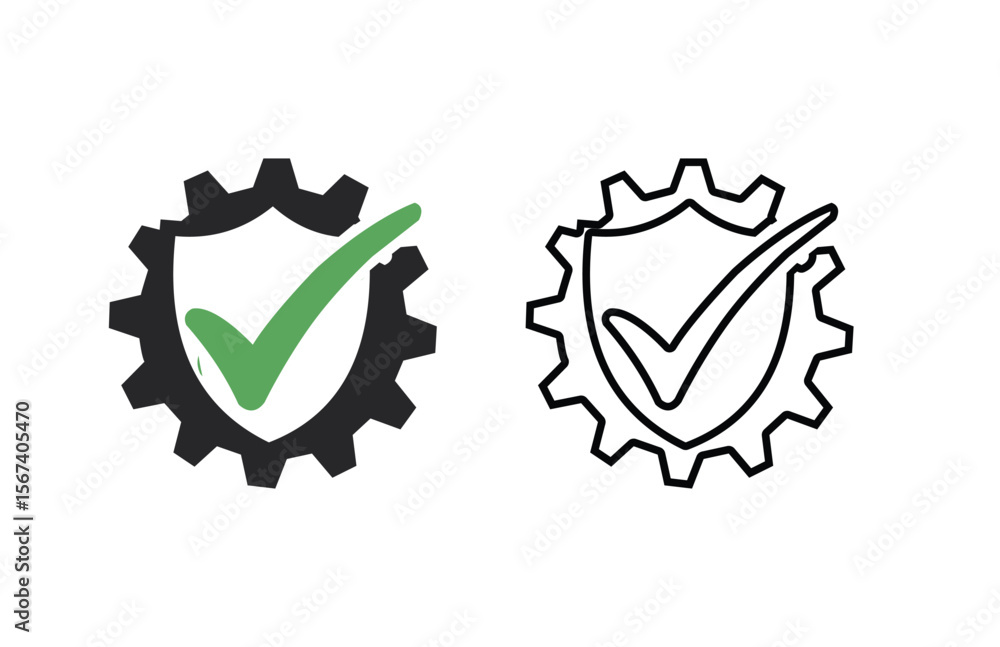 Poster gear and shield with check mark symbol for quality assurance and security isolated on white backgrou