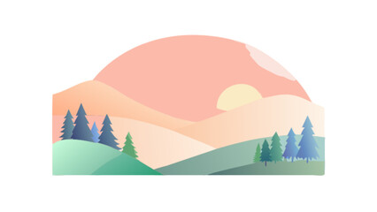 Sunset landscape illustration with mountains and trees vector design for nature lovers and outdoor enthusiasts