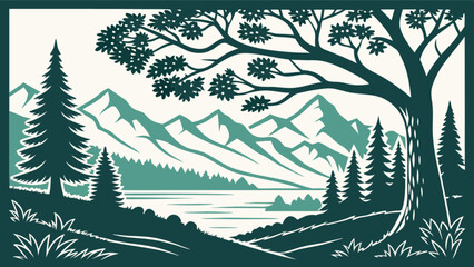 Scenic mountain landscape art print featuring pine trees and lake for wall decor and nature themed design 100