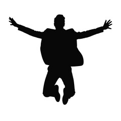Silhouette of a man in a suit jumping with arms outstretched in celebration