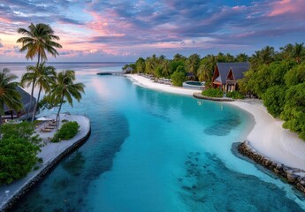 Plakat An aerial view of the Maldives, showcasing its pristine beaches and lush greenery with luxurious resort flowy structures on an island in between other islands