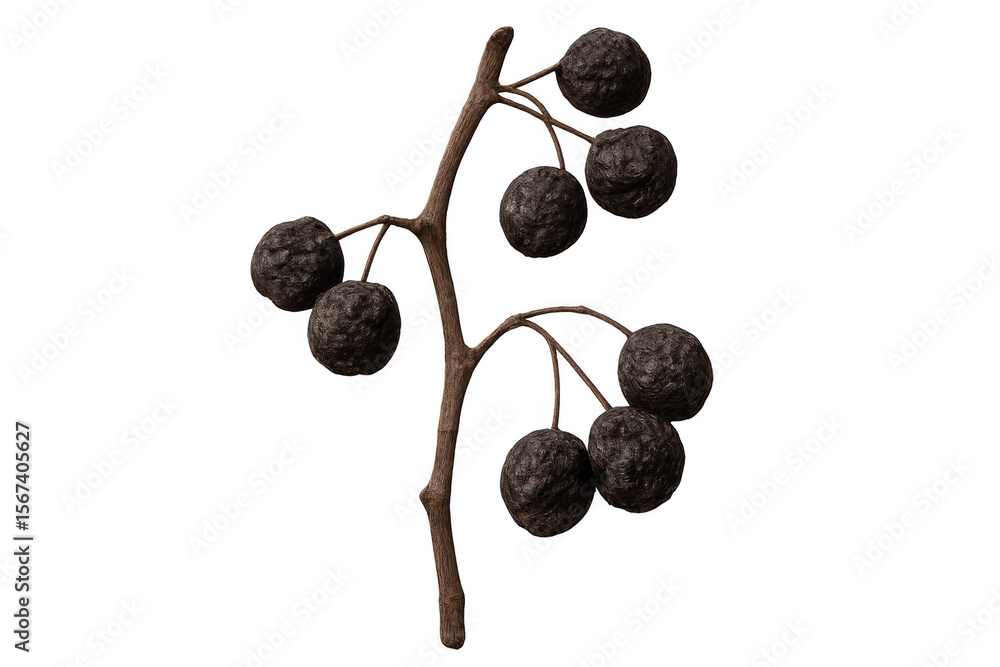 Poster close-up of dried berries on a branch, isolated on a transparent background, creating a minimalist a