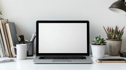 Fototapeta premium Laptop on desk, blank screen, books, plants, mug, bright